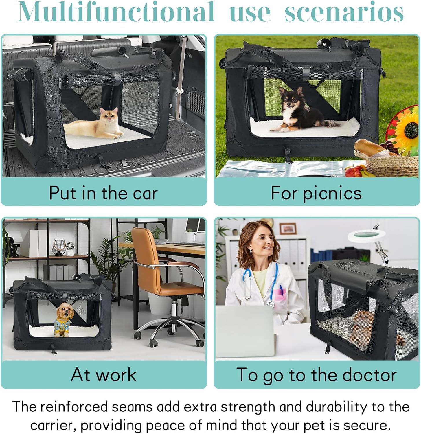 Fhiny Large Cat Carrier for 2 Cats, 24"x17"x17" Soft Dog Crate Collapsible Portable Travel Pet Carrier Bag Durable Breathable Foldable Kitten Carrier Bag for Cats Puppy Under 45 Lbs Black - Image 6