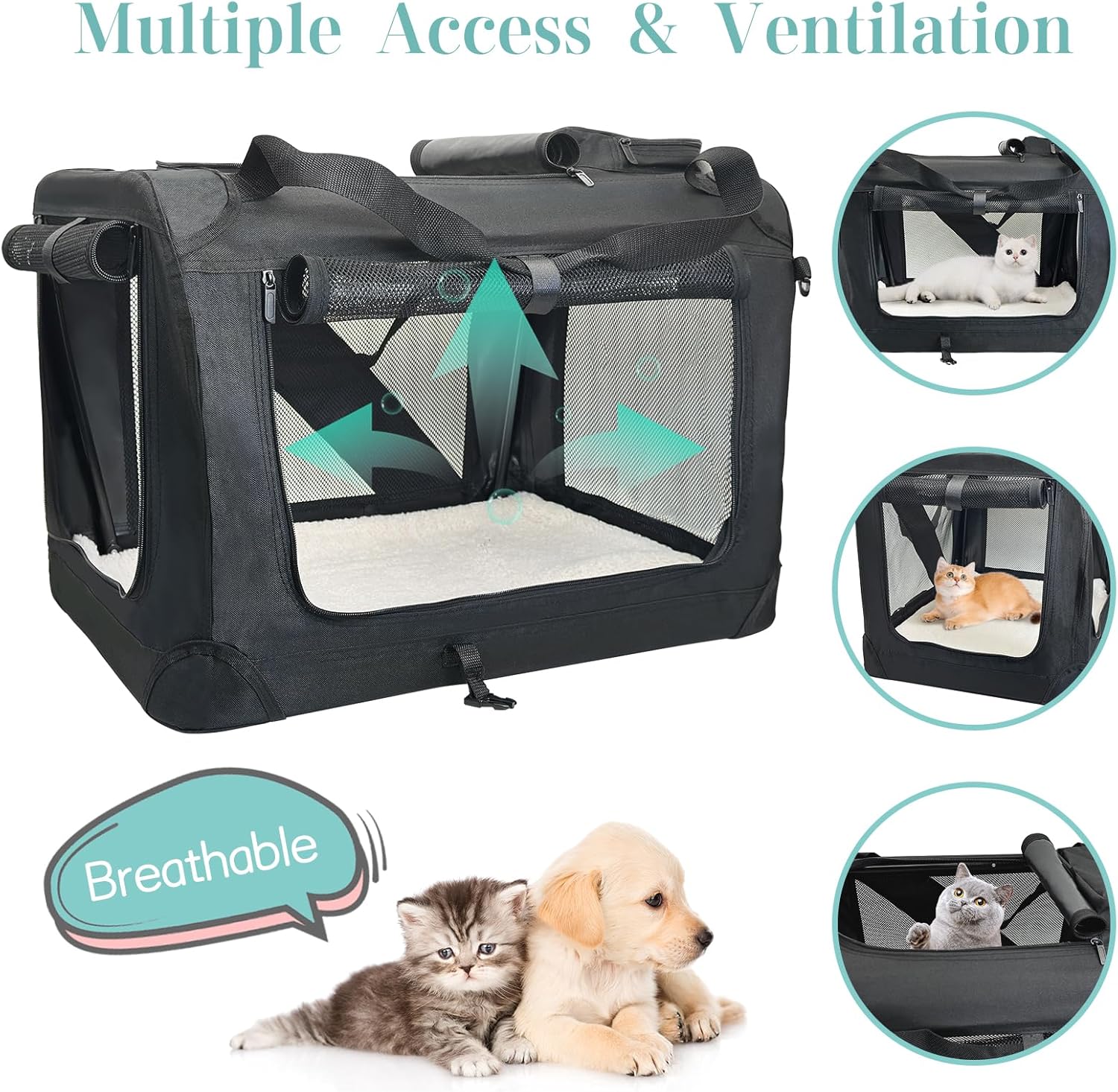Fhiny Large Cat Carrier for 2 Cats, 24"x17"x17" Soft Dog Crate Collapsible Portable Travel Pet Carrier Bag Durable Breathable Foldable Kitten Carrier Bag for Cats Puppy Under 45 Lbs Black - Image 3