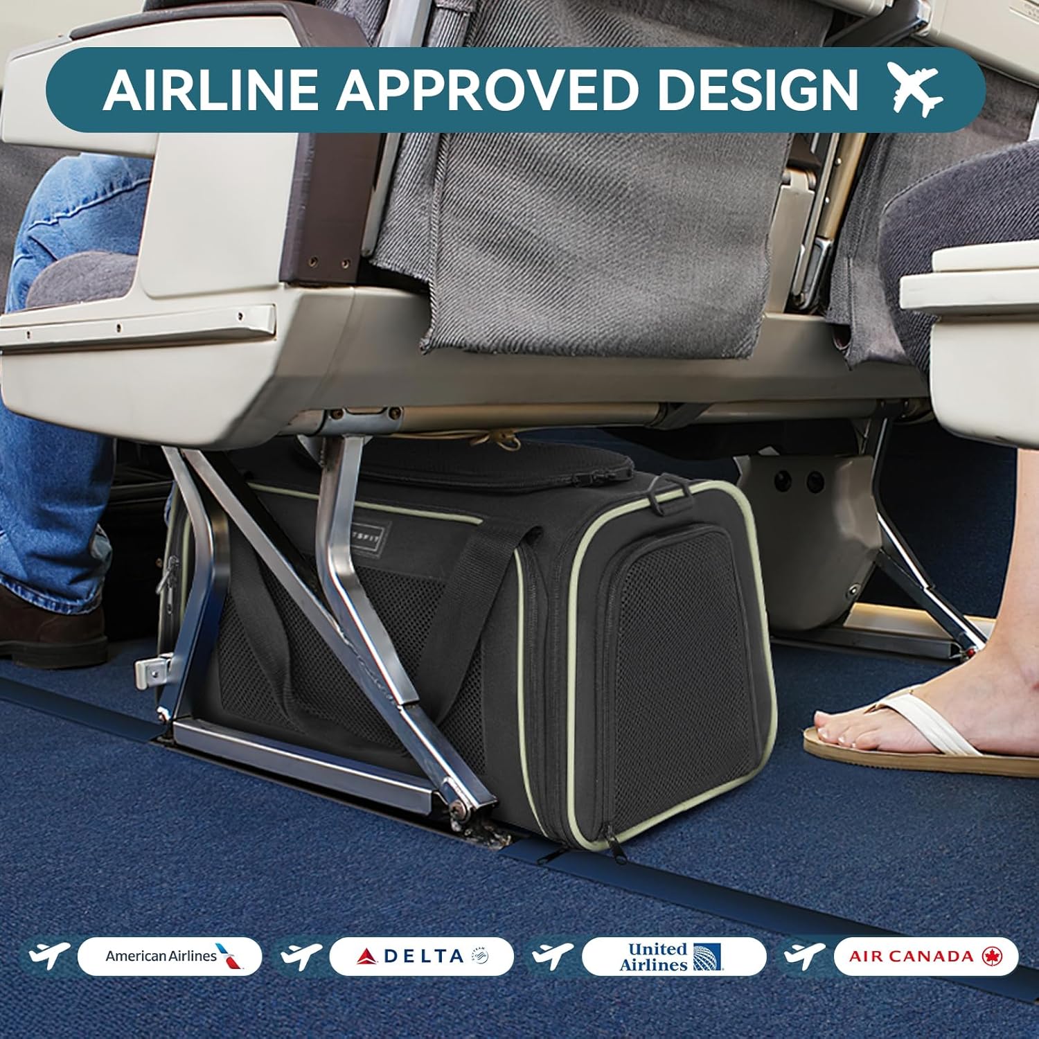 PETSFIT Pet Carrier Airline Approved with Extendable Mat, Dog Carriers for Small Dogs, TSA Approved Pet Carrier, Puppy Carrier for Small and Medium Cats Under 12 Lbs, Black - Image 2