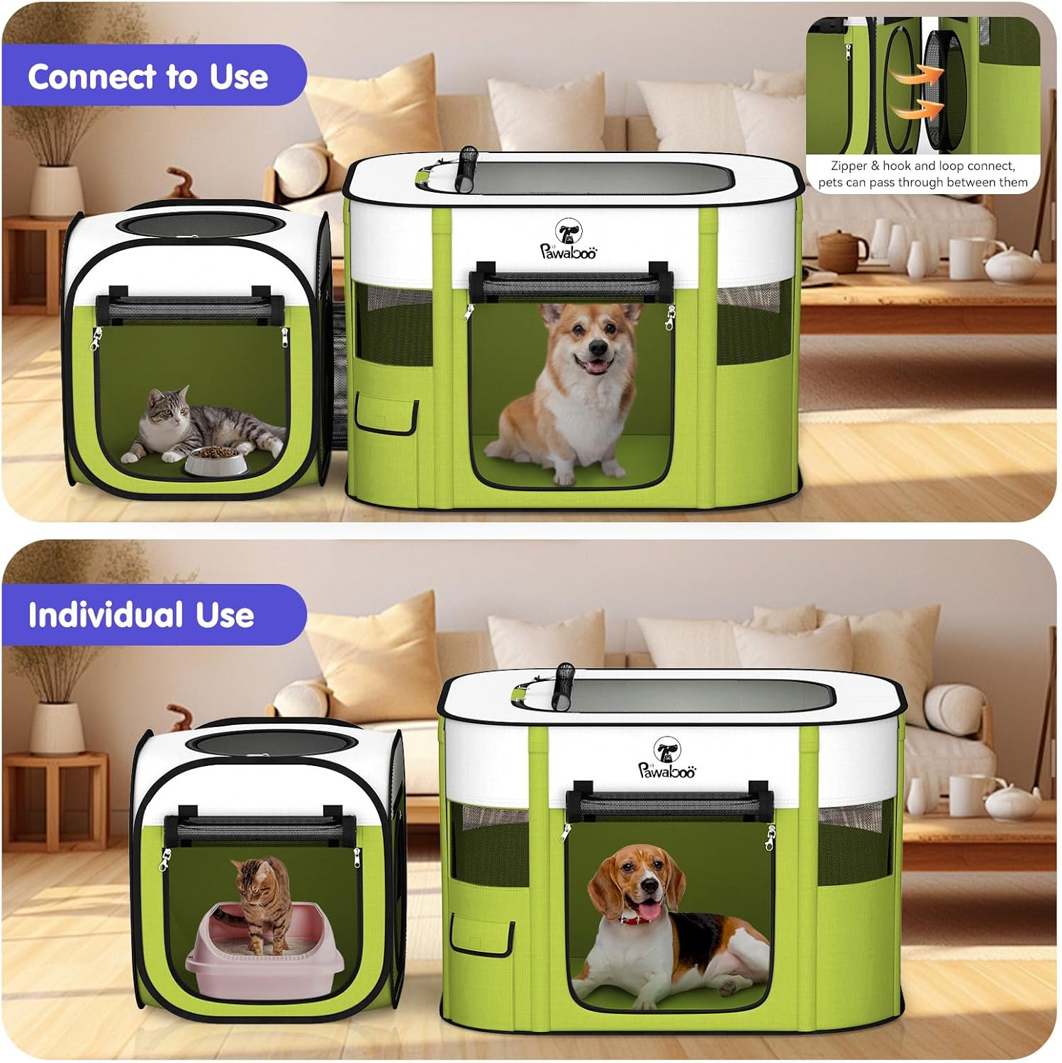 Pawaboo 2-in-1 Pet Playpen for Dog Cat, Portable Puppy Playpen with 600D Oxford, Divisible Pet Tent for Indoor and Outdoor Travel Use of Kitten and Puppy, Foldable Dog Enclosure with Carrying Case - Image 2