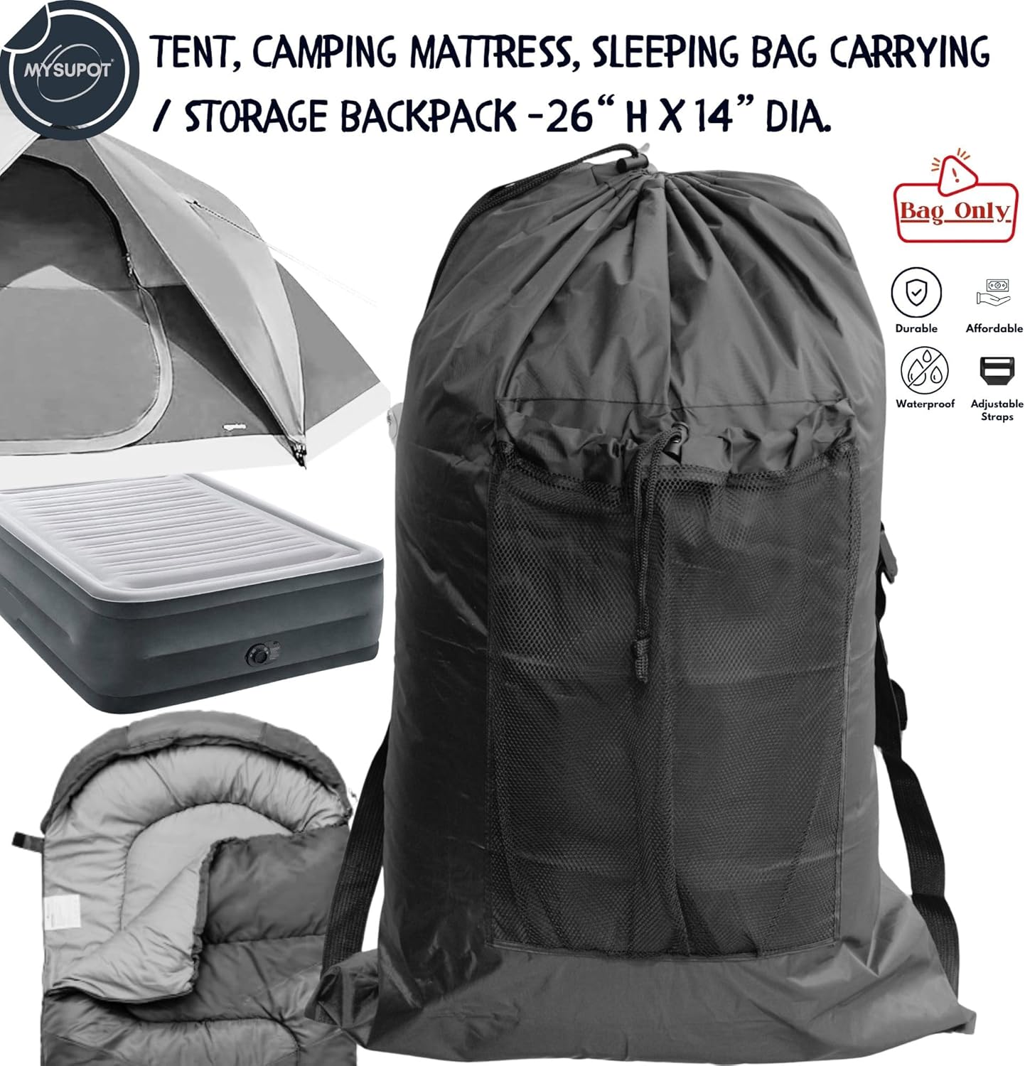 BLACK Tent Bag. Also, for Sleeping Bag, Camping Mattress, Laundry, Beach Chair, Flip or Bleacher or Booster Seat, Dog Bed, etc. Light Duty 420D Polyester w/Adjustable Straps - Image 2