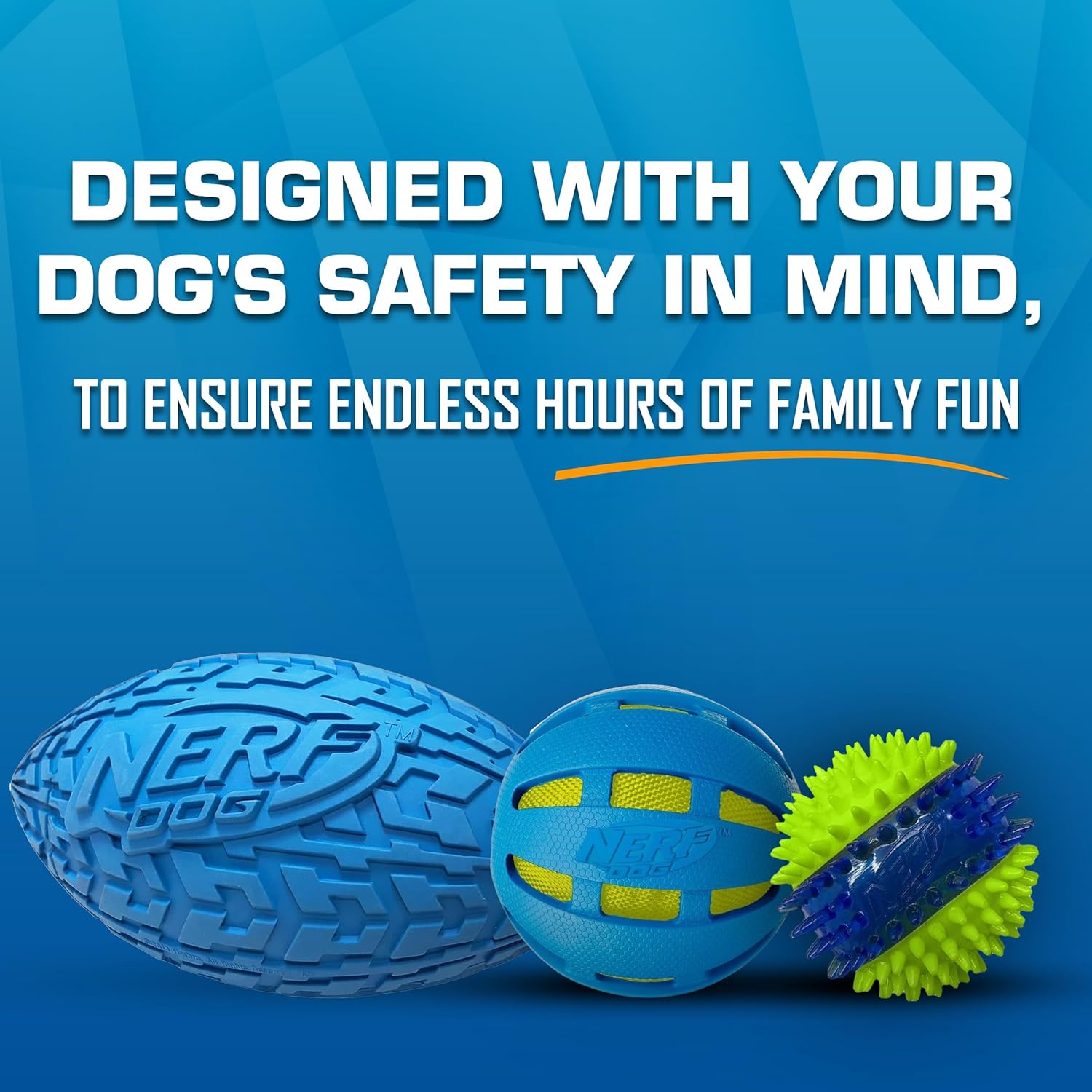 Nerf Dog Toy Gift Set, 3-Piece Set of Outdoor Dog Toys for Fetch, Includes Checker Crunch Ball, Spike LED Squeak Ball and Tire Squeak Football - Image 5