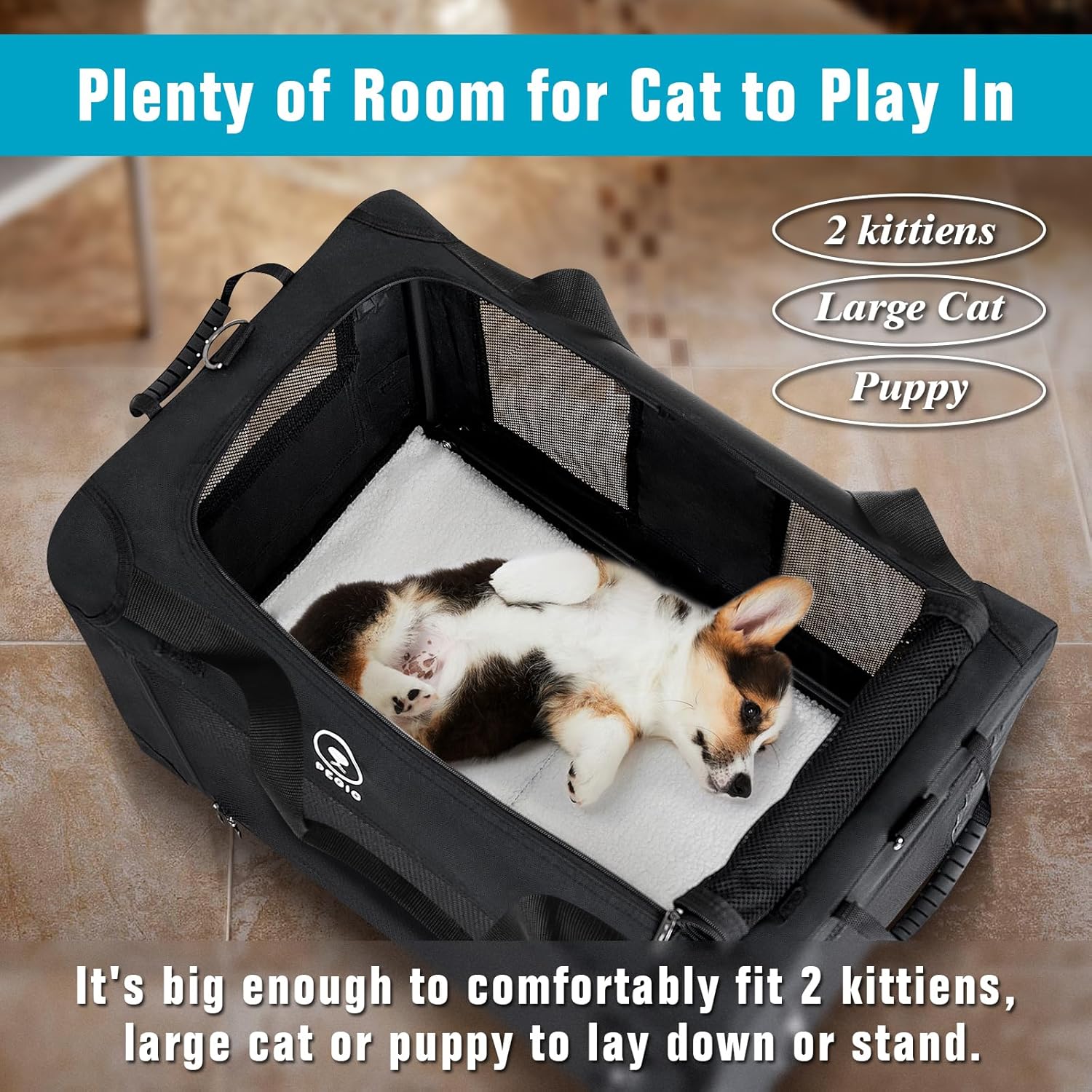 Extra Large Cat Carrier for Car Travel, Pegic Soft Sided Collapsible Pet Carrier for Outdoor and Indoor Uses, Roomy Cat Carrier for 2 Kittens, Large Cat or Puppies Up to 50lbs (Black) - Image 2