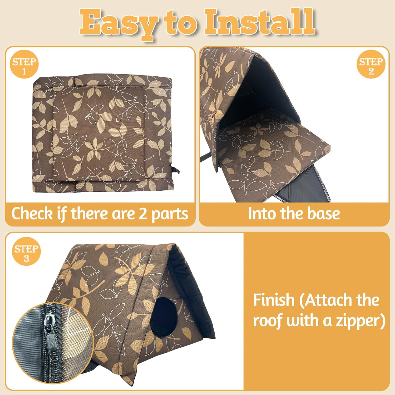 Fhiny Stray Cats Shelter, Waterproof Outdoor Cat House Foldable Warm Pet Cave for Winter Wild Animal Tent Bed Anti-Slip Kitten Cave for Feral Cat Dog Puppy Weatherproof (M, Brown) - Image 3