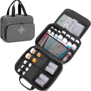 CURMIO Pill Bottle Organizer Portable Medicine Bag, Lockable Prescription Bottle Storage for Pill Bottles, Vitamins, Medical Supplements for Home Storage and Travel, Gray (Empty Medicine Bag)