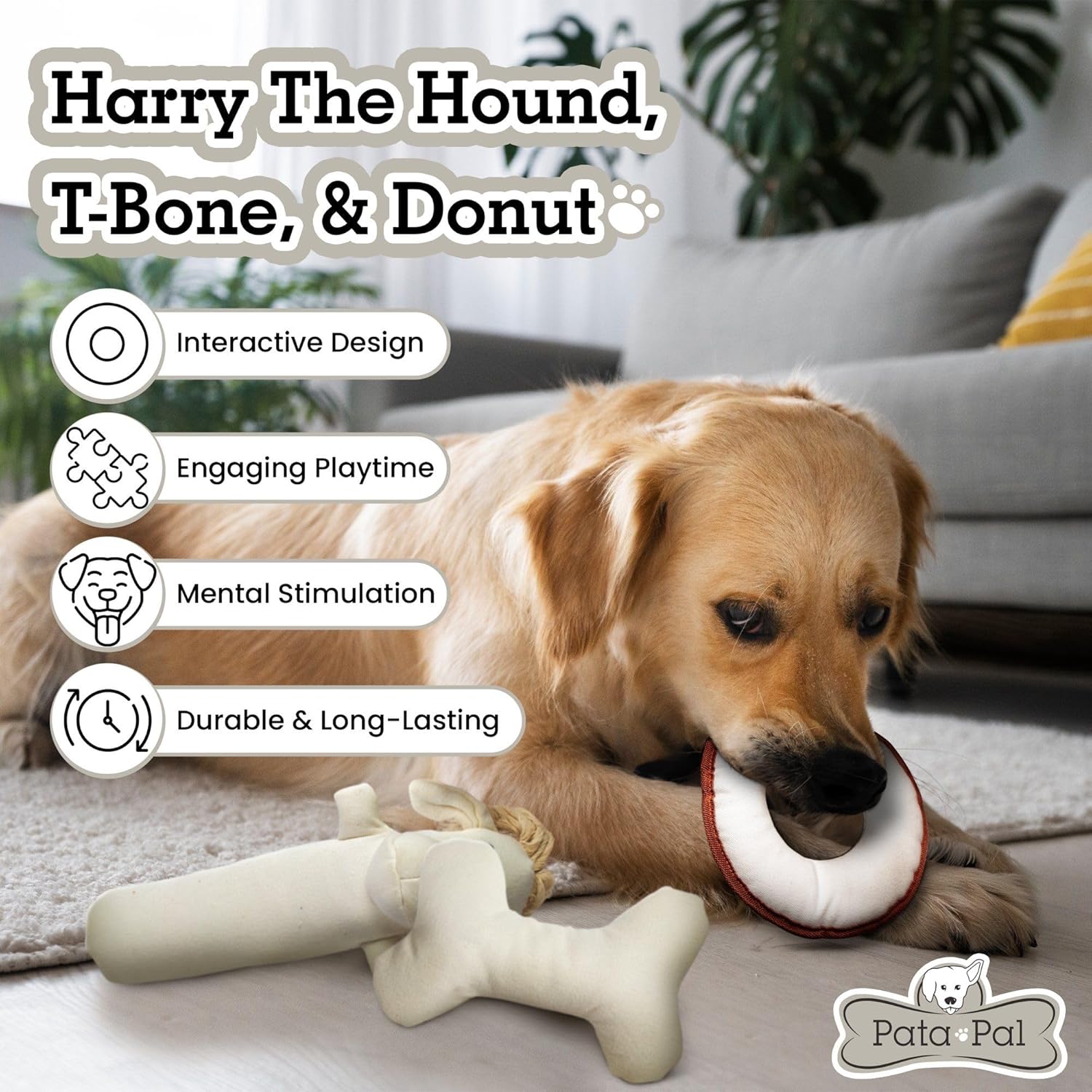 3-Piece Eco-Friendly Durable Cotton Squeaky Dog Toy Set for Chewing, Training, Playing and Exercise – Harry The Hound, T-Bone & Donut The Round Disk, White (Safe for Pets & Kids) - Image 4