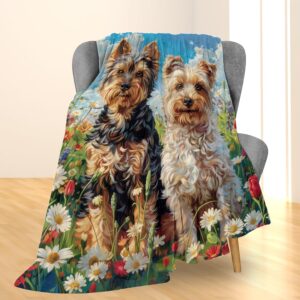 Cute Yorkie Dogs in Flower Field Blanket | Soft Warm Fuzzy Lightweight...