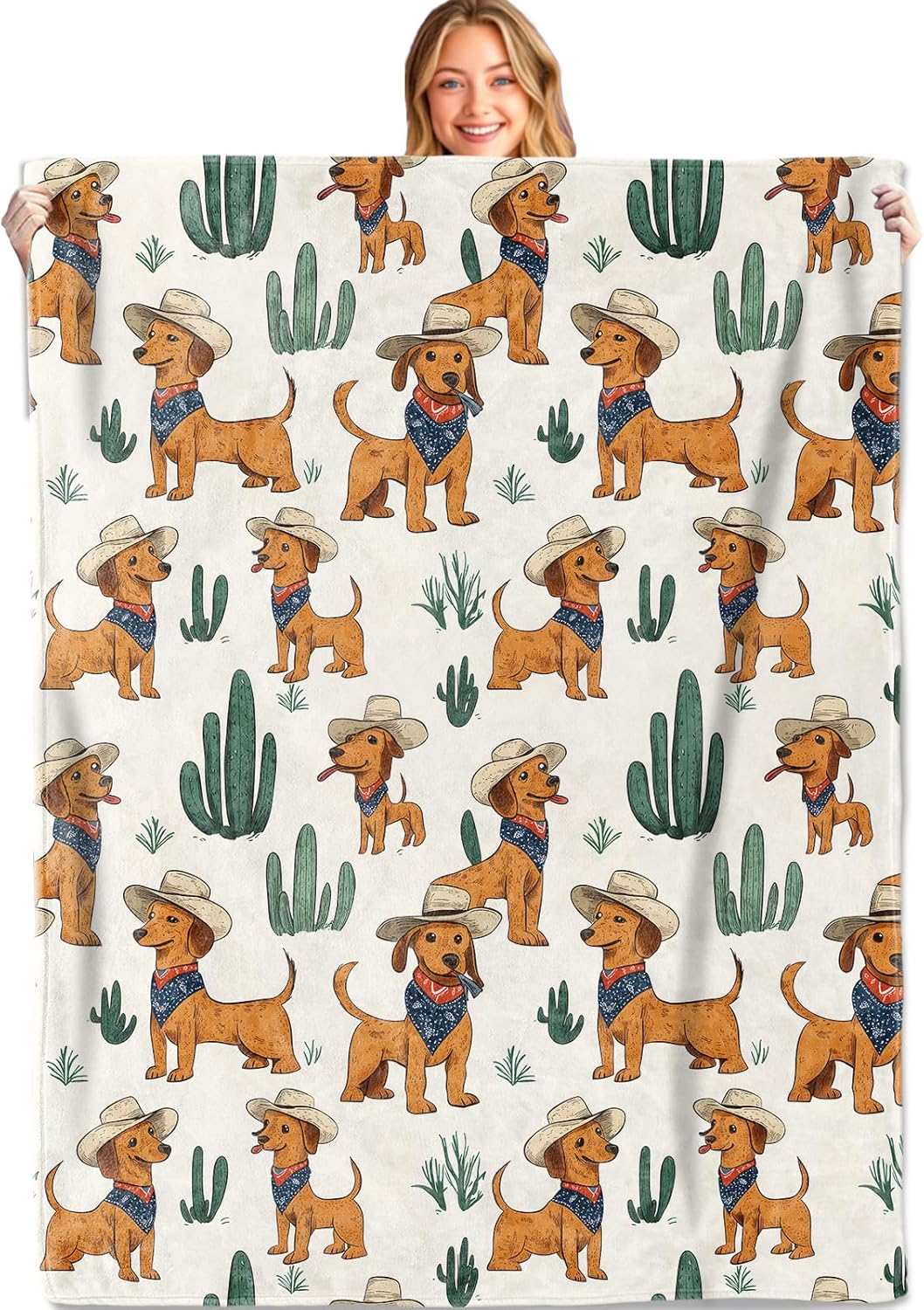 Weiner Dog Throw Blanket,50x60in,Soft,Lightweight Flannel,Cute Cactus Cowboy Hat Blankets - Gifts for Kids Women,Pet Lovers,for Couch Office Travel,Home Living Room Western Decor