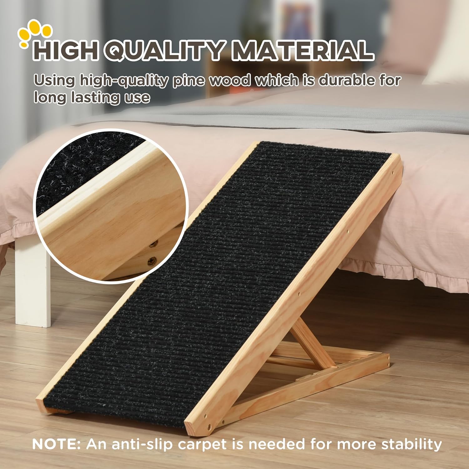 PawHut Elevated Dog Ramp for Bed, Foldable and Height Adjustable Pet Ramp for Cats with Non-Slip Finish, Pine 35.5" L x 16" W x 24" H, Black - Image 3