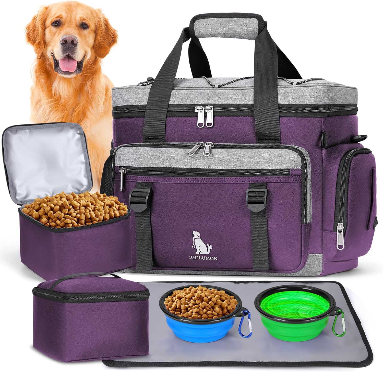 IGOLUMON Dog Travel Bag Large Pet Travel Bags Set for Supplies Weekend Travel Kit Tote Organizer Multi-Pockets Dog Food Travel Bag with 2 Large Food Containers, 2 Dog Bowls, 1 Feeding Mat, Purple