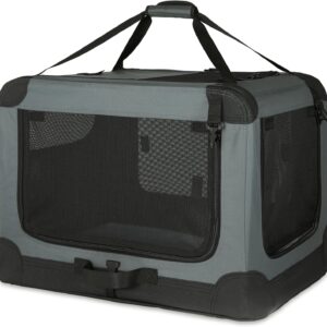 Amazon Basics 4-Doors Portable Soft-Sided Folding Travel Crate Kennel for cat, Dog, and Other Small Animals, Grey, S 26" x 18" x 18"