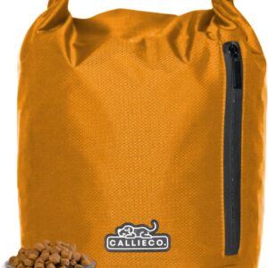 Callieco Dog Food Travel Bag w/ 1 Cup Scoop and Zipper Side Pocket | Waterproof Kibble Storage Container for Home, Road Trips, Camping, Boarding and More (Orange, 64 Cups)