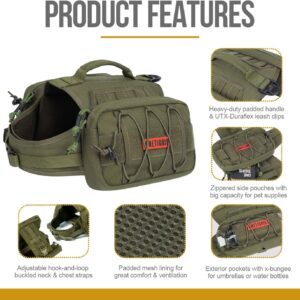 OneTigris Dog Backpack for Medium & Large Dogs, Nylon Backpack for Dogs Tactical Pet Backpack with Side Pockets for Hiking Walking Training Running (Green, Large)