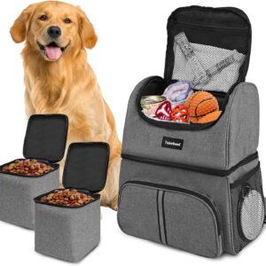 Dog Bags for Traveling Pet Diaper Bag Airline Approved Dog Food Travel Bag with 2 Food Storage Containers Bag Pet Camping Essentials Hiking Accessories Gift Gray