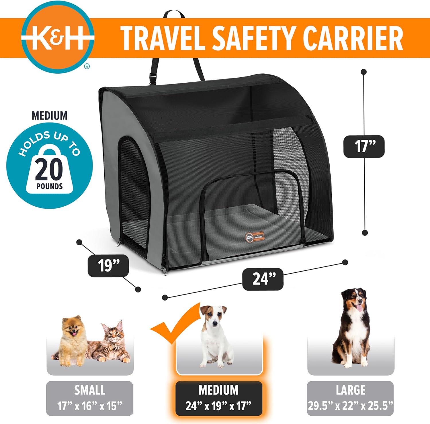 K&H Pet Products Enclosed Dog Car Seat, Travel Safety Carrier for Pets, Dog Travel Car Seat, Soft-Sided Covered Cat Carrier, Washable Pad, Multiple Entrances, Mesh Windows - Medium 24 X 19 X 17in - Image 2