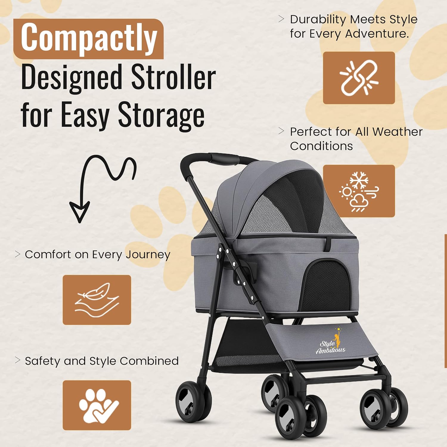 3 in 1 Pet Stroller - Foldable Dog Stroller & Pet Carrier - Included with Storage Bag, Cup Holder & Pet Leach - Cat Carrier with Detachable Basket & Breathable Canopy (Grey) - Image 3