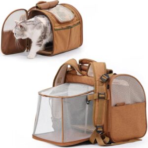 Large Cat Backpack Carrier, Expandable Pet Backpack Carrier with Breathable Mesh for Cats, Small Dogs Puppies Backpack, Portable Pet Carrier for Travel, Hiking, Walking & Outdoor, Brown
