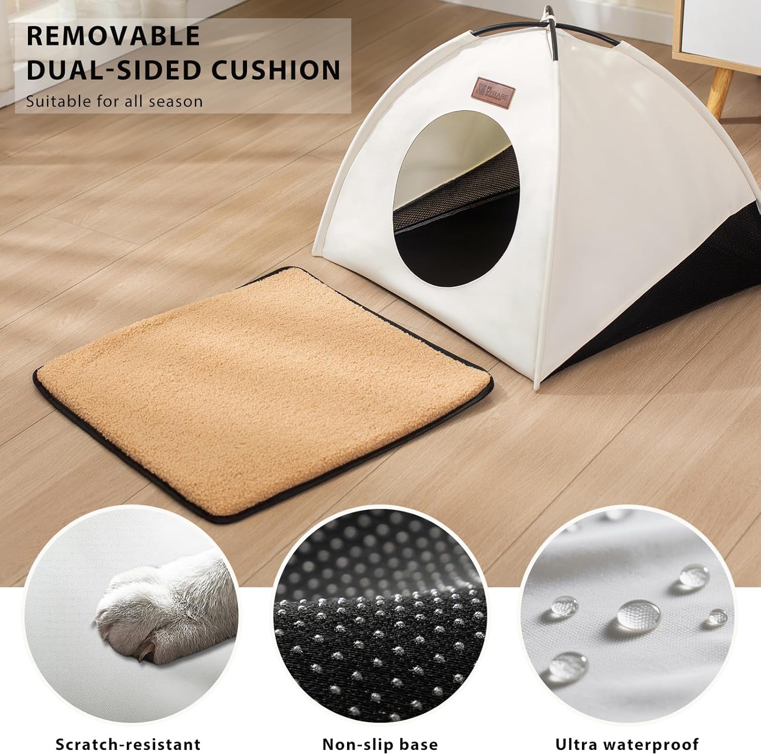 All-Season Cat Tent for Indoor/Outdoor, Assembly-Free Waterproof Cat House Bed with Removable Cushion, Cozy Cave for Cats & Small Dogs (Small, White) - Image 6
