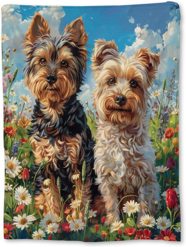 Cute Yorkie Dogs in Flower Field Blanket | Soft Warm Fuzzy Lightweight Flannel Throw Blanket for Couch, Bed, Decor, Travel & Outdoor Use, Cozy Blankets for Adults Kids Women Girls 60×50 in