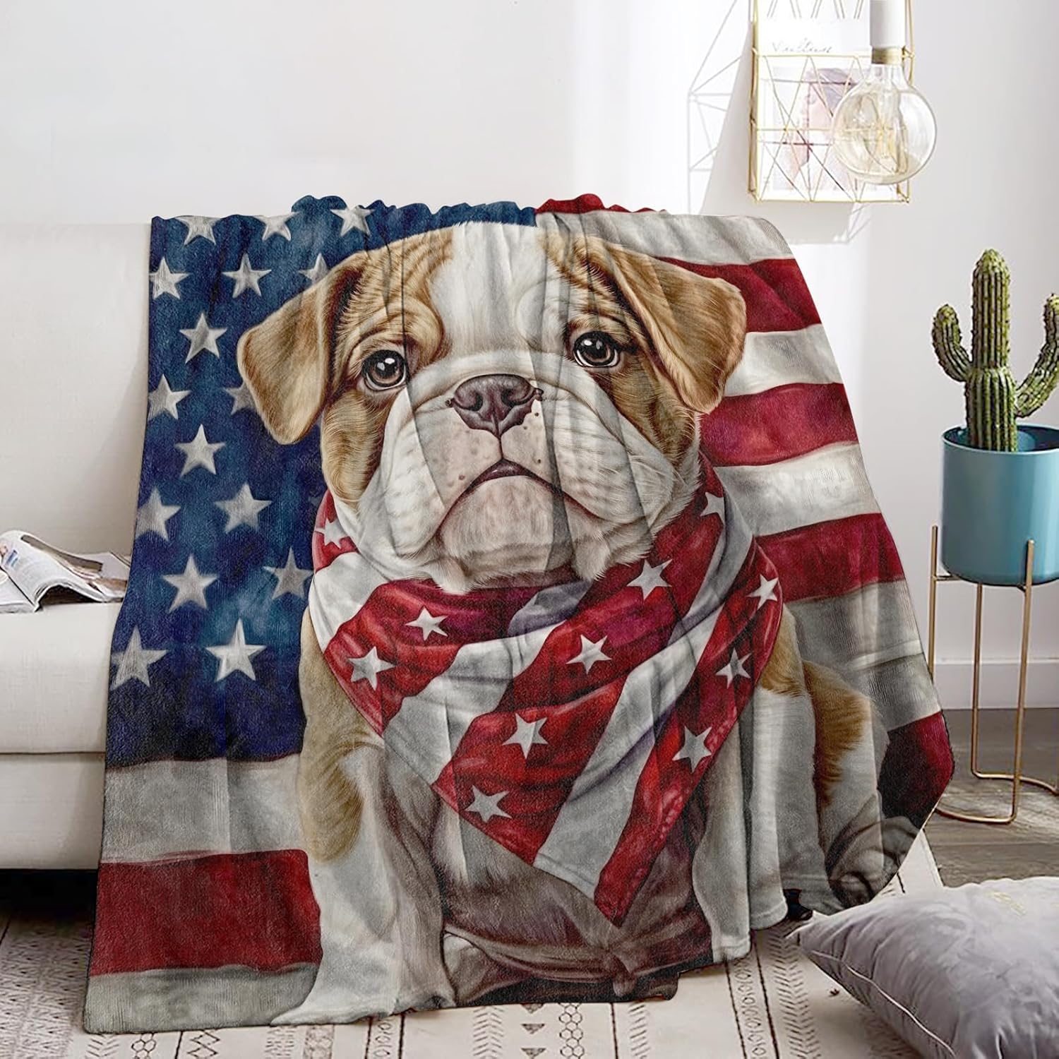 Cute Bulldog Puppy Blanket Soft Cozy Flannel Throw, Warm Yet Lightweight Patriotic Dog & American Flag Blankets for Travel, Couch, Bed, for Adults Women Kids, Fuzzy Outdoor Comfort Wrap 60"×50" - Image 2