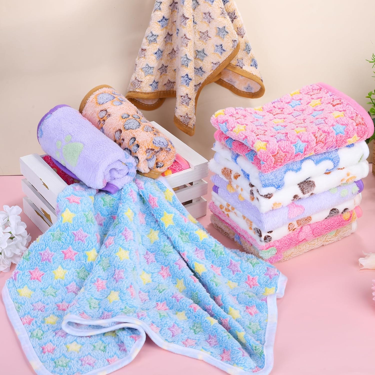 MCEAST 24 Pack Paw Print Plush Pet Blankets 24 x 16 Ultra-Soft & Cozy Small Dog Cat Bedding Mats with 12 Stylish Designs Machine Washable Multipurpose Fluffy Throw for Kennel, Sofa, Travel - Image 4