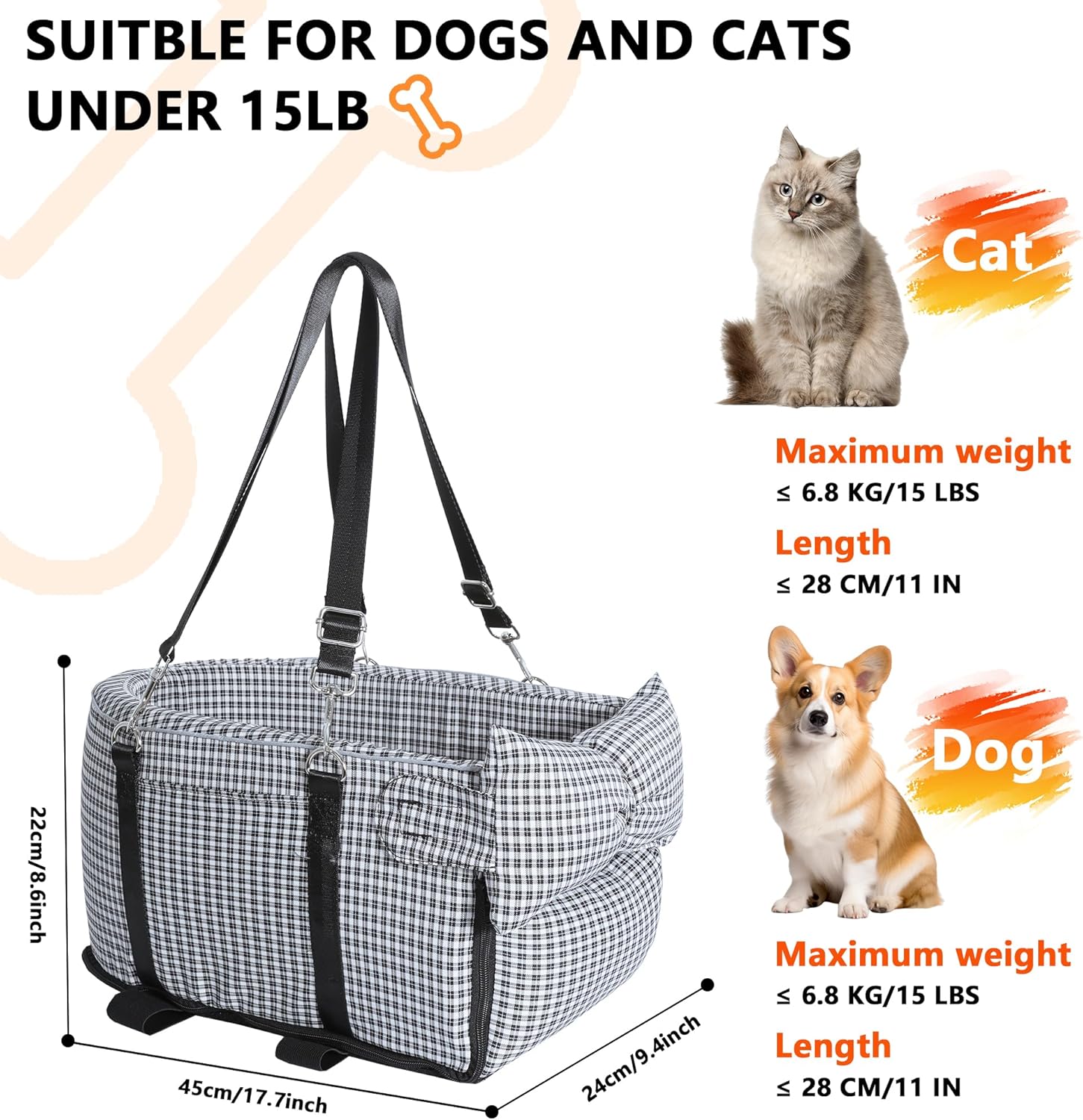 Center Console Dog Car Seat Dog Bed for Car Console Portable Armrest Booster Seat Carrier for Small Medium Dogs Anti-Collapse for Puppy Pet Up to 15 Lbs(Grid Black) - Image 2