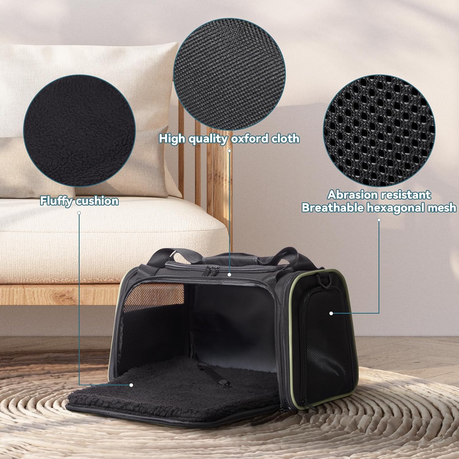 PETSFIT Pet Carrier Airline Approved with Extendable Mat, Dog Carriers for Small Dogs, TSA Approved Pet Carrier, Puppy Carrier for Small and Medium Cats Under 12 Lbs, Black - Image 3