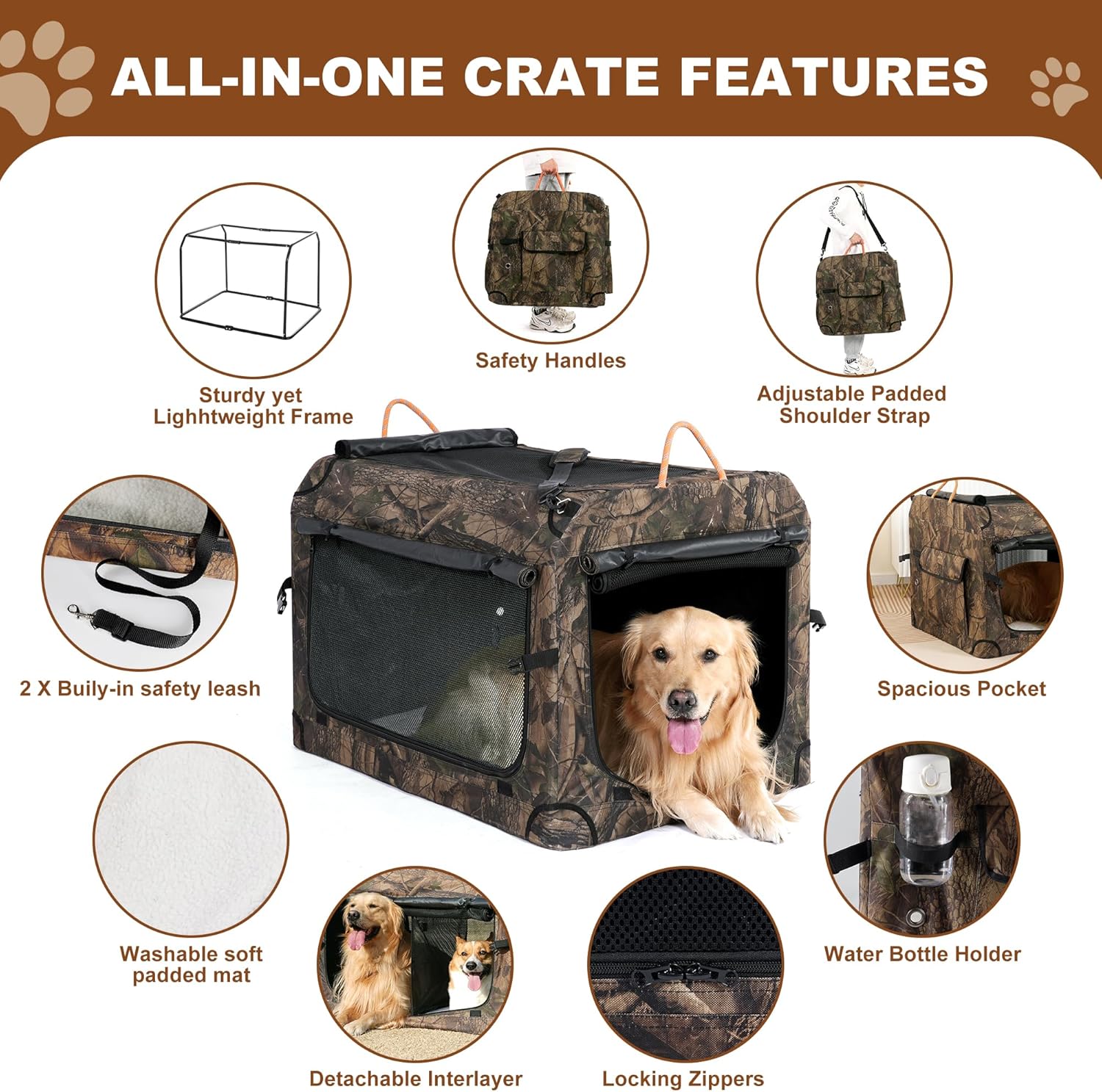 KOOPRO 27.5 Inch Collapsible Dog Crate, Portable Soft-Sided Dog Travel Carrier Camouflage Style Pet Kennel 4-Door with Durable Mesh Windows, Washable Mat, Indoor & Outdoor for Small Medium Large Dogs - Image 4