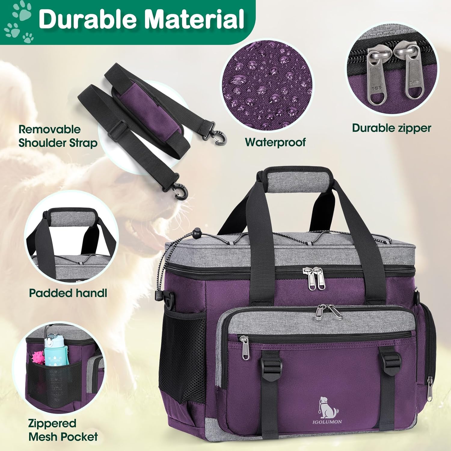 IGOLUMON Dog Travel Bag Large Pet Travel Bags Set for Supplies Weekend Travel Kit Tote Organizer Multi-Pockets Dog Food Travel Bag with 2 Large Food Containers, 2 Dog Bowls, 1 Feeding Mat, Purple - Image 5
