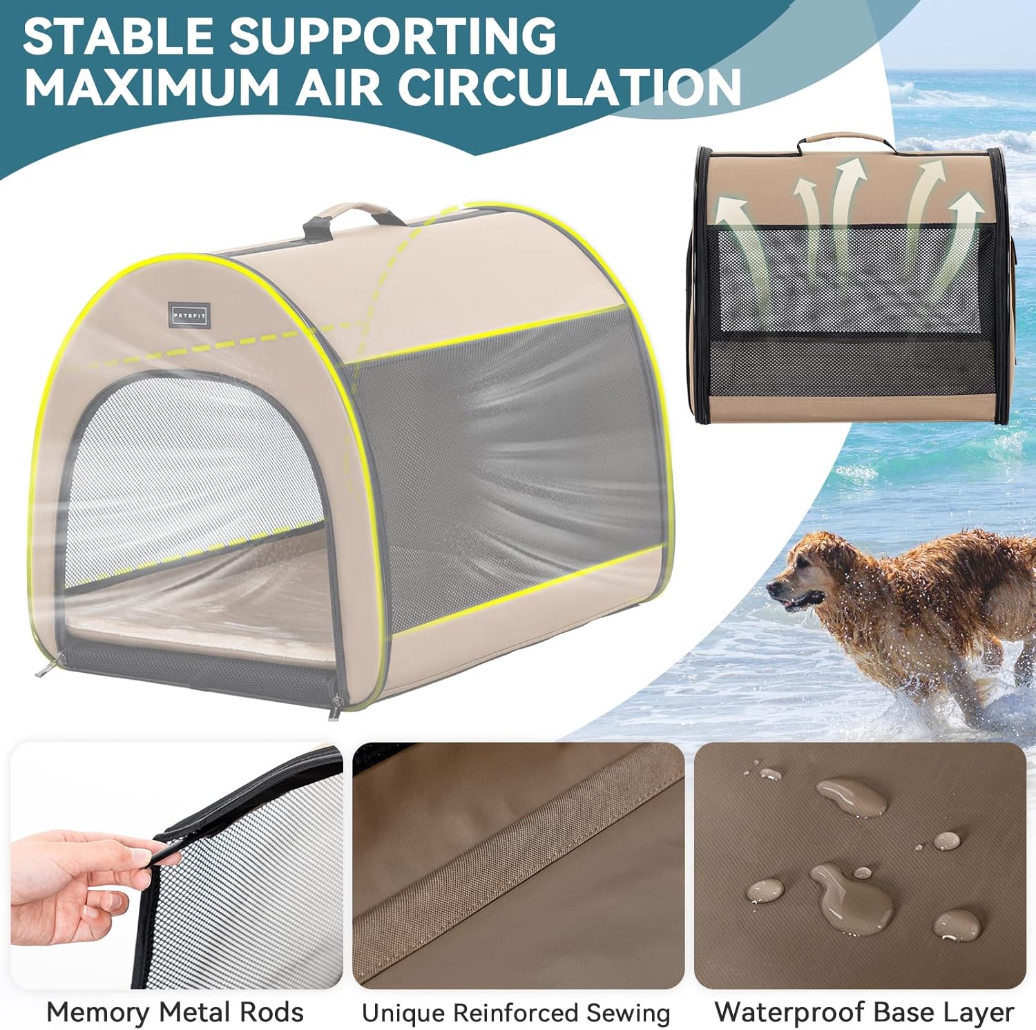 PETSFIT Soft Dog Crate, Dog Travel Crate - 26.5 Inch Lightweight, Roomy, Easy to Set Up, Portable Pop Up Dog Carrier with Thick Mat, Sturdy Soft Sided Dog Crate, Khaki - Image 4