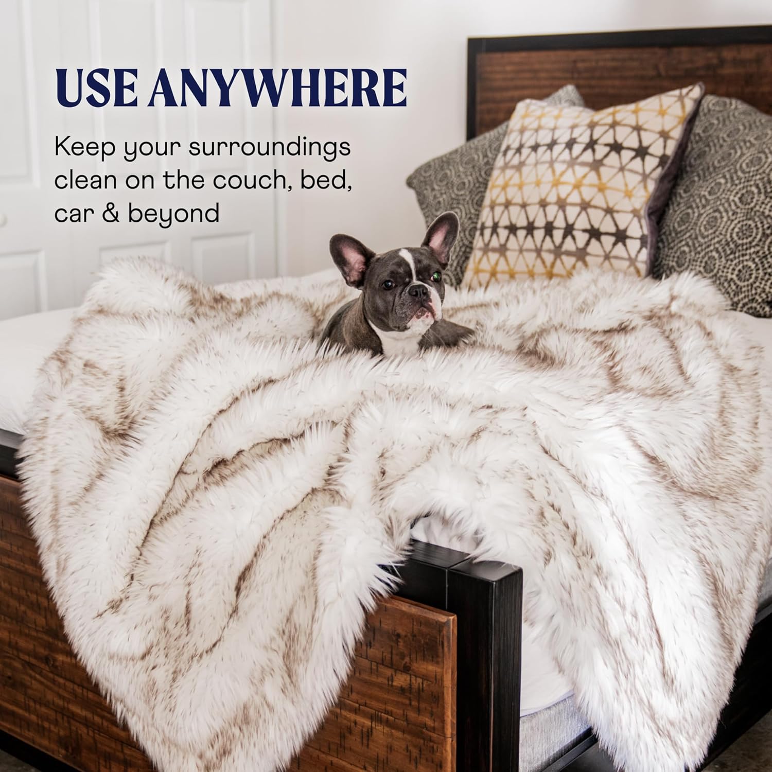 PupProtector Waterproof Throw Blanket for Dogs and Cats, Pet Blanket Cover for Couches, Sofas, Beds, Car Seats, Furniture, Calming Soft Faux Fur, White with Brown Accents, Original (60" L x 50" W) - Image 6