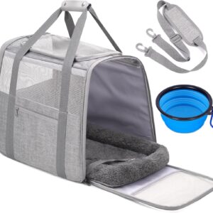 JUNGYOON Large Cat Carrier – Soft-Sided Airline-Approved Pet Carrier Bag with Top Opening, Portable Travel Carrier for Big Cats & Dogs Up to 20lbs – Safety Zippers, Collapsible Bowl,Grey