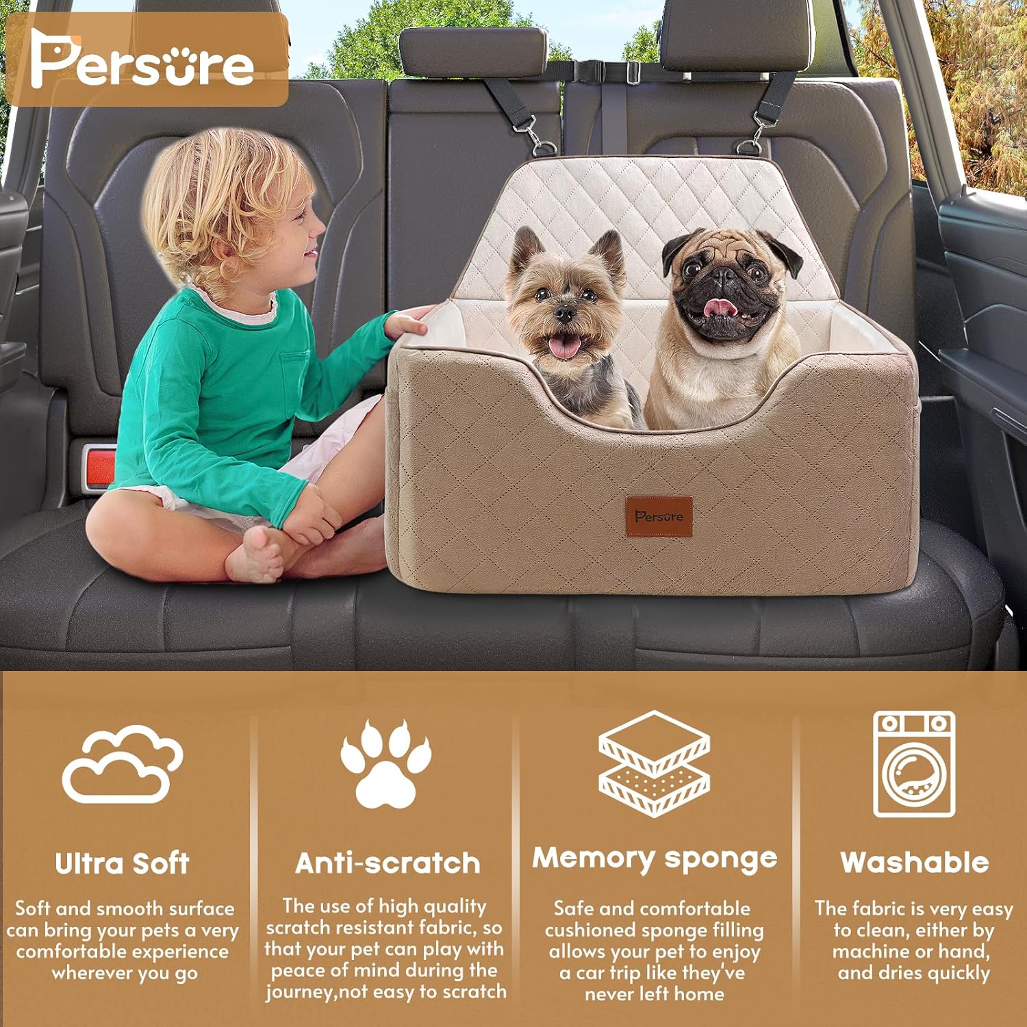 Dog Car Seat for Large Medium Dogs,Detachable Washable Dog Booster Seat,Pet Travel Bed with Storage Pockets and Dogs Safety Belt (Coffee, Large) - Image 2