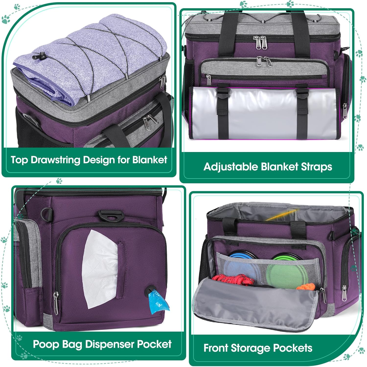 IGOLUMON Dog Travel Bag Large Pet Travel Bags Set for Supplies Weekend Travel Kit Tote Organizer Multi-Pockets Dog Food Travel Bag with 2 Large Food Containers, 2 Dog Bowls, 1 Feeding Mat, Purple - Image 2