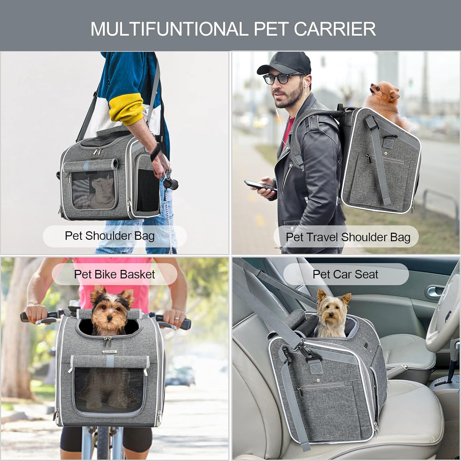 Dog Bike Basket, Expandable Soft-Sided Pet Carrier Backpack with 4 Open Doors, 4 Mesh Windows for Small Dog Cat Puppies - Grey - Image 6