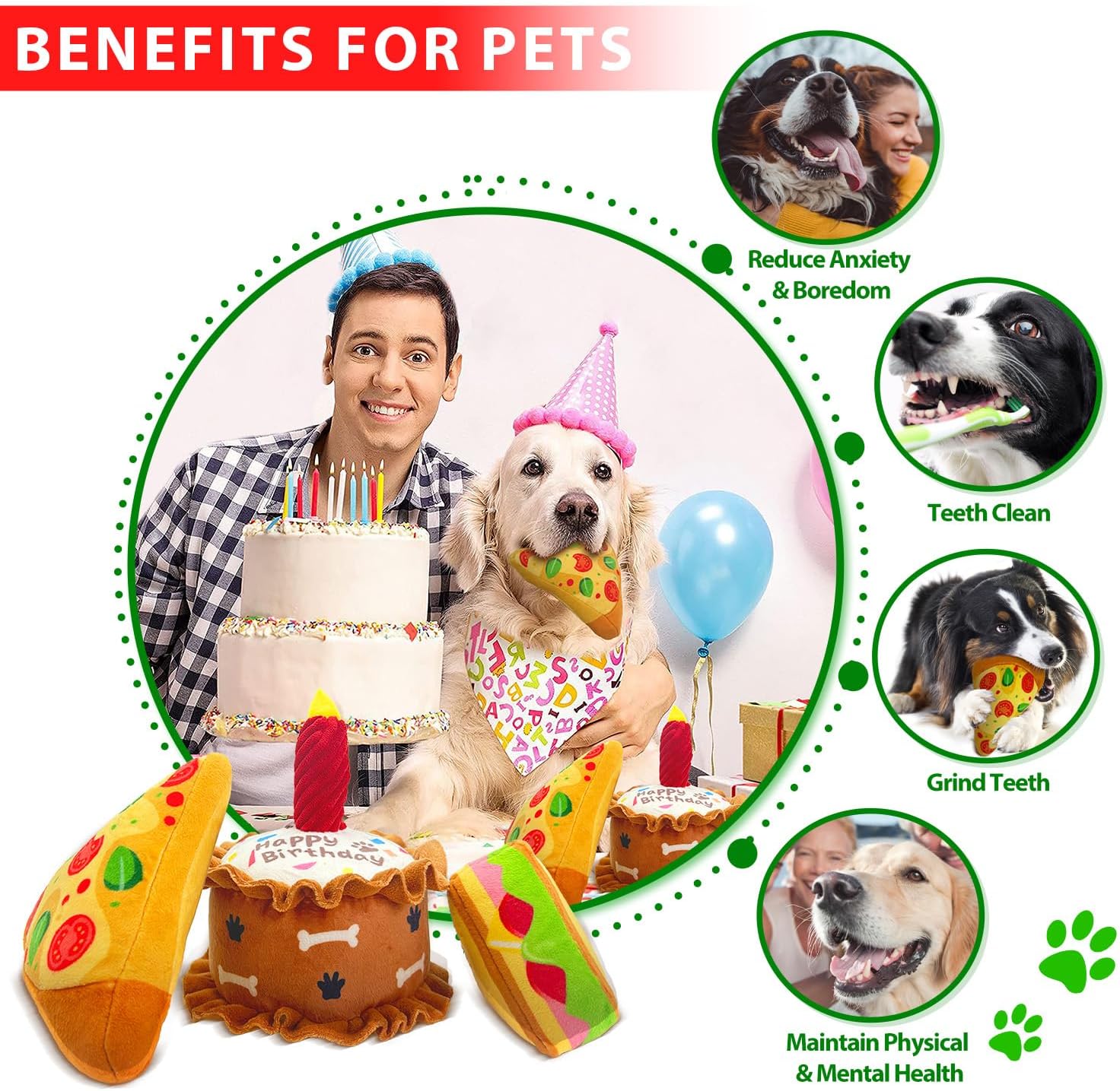 Birthday Squeaky crinkly Cake Aggressive chew for pups Sandwiches Pizza Party Dog Toy Colorful Playset to Keep Your Furry Friend Busy with 3 Pack Gift Toys - Image 2