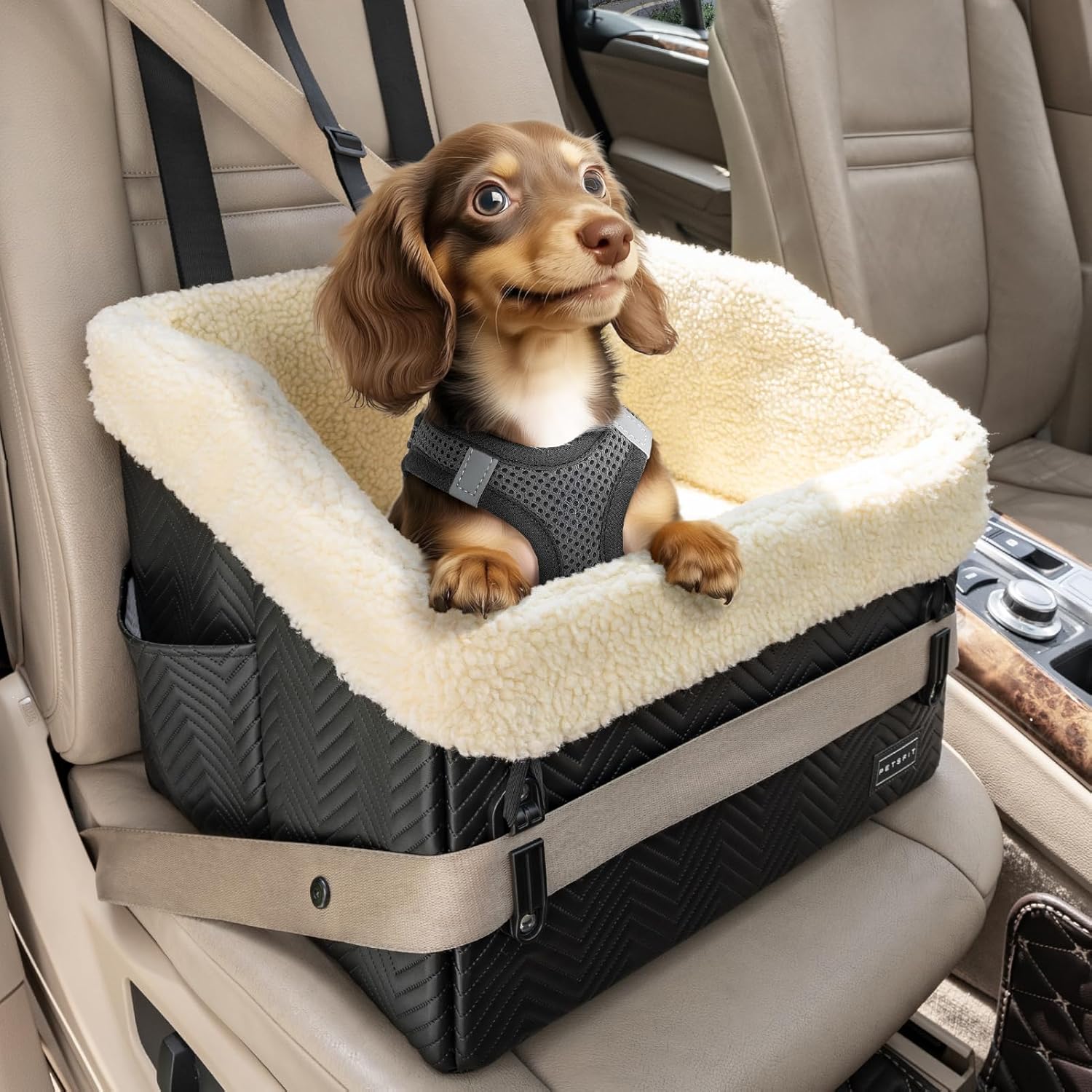 PETSFIT Small Dog Car Seat, Waterproof PU Leather Dog Booster Car Seat with Patented Safe Buckles, Detachable Dogs Seat Belt for Car, Dog Car Seat Medium Sized Dog up to 30 lbs (Black) - Image 9