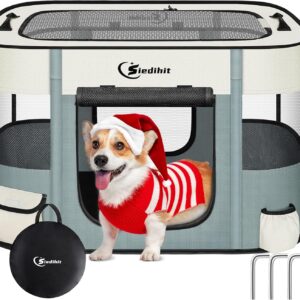 Dog Cat Playpen, Pet Puppy Portable Playpens for Outdoor Travel Crate, Indoor After Surgery Use, Foldable Dog Kennel Tent for Rabbit or Small Animals with Tent Stakes(Grey, Middle)