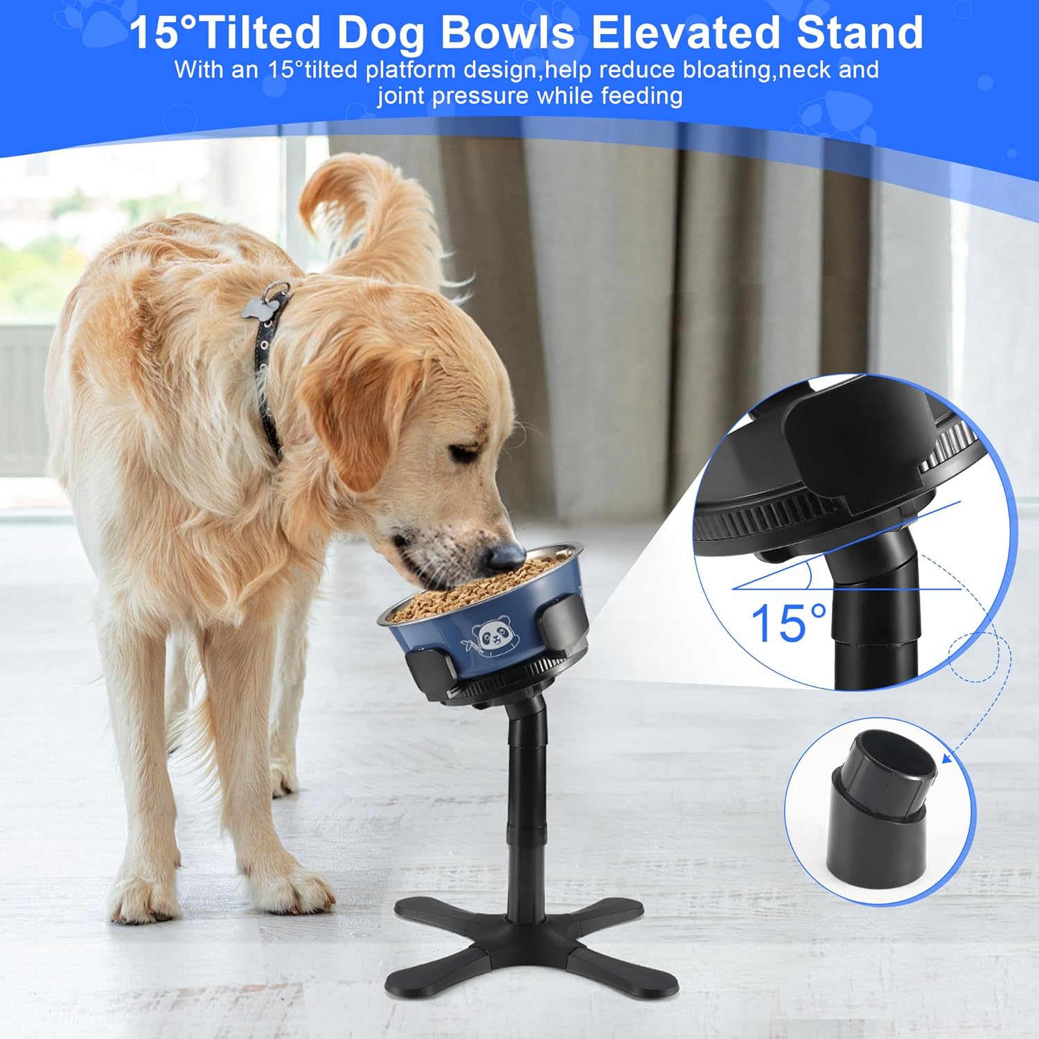 Dog Bowls Elevated Adjustable Stand, Raised Bowl with 3 Heights & Tilted Feeding Stand, Compatible with Various Bowls, for Medium & Large Breeds (1 Pack) Black - Image 2