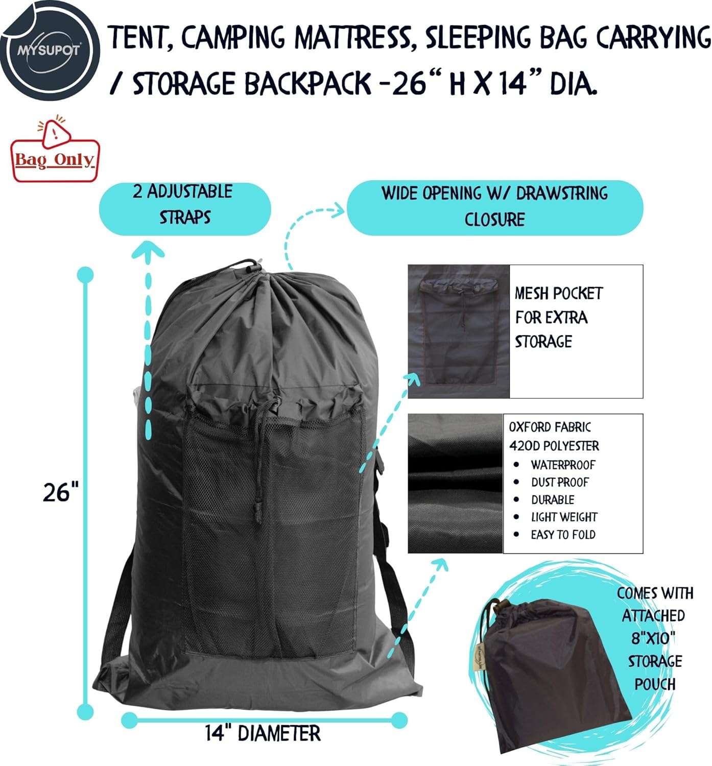 BLACK Tent Bag. Also, for Sleeping Bag, Camping Mattress, Laundry, Beach Chair, Flip or Bleacher or Booster Seat, Dog Bed, etc. Light Duty 420D Polyester w/Adjustable Straps - Image 3