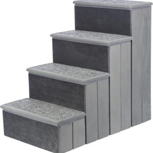 TRIXIE Velour Dog Stairs with Tread Steps - 4 Step Pet Stairs for Beds and Couches - Foldable with Additional Storage Space - Gray