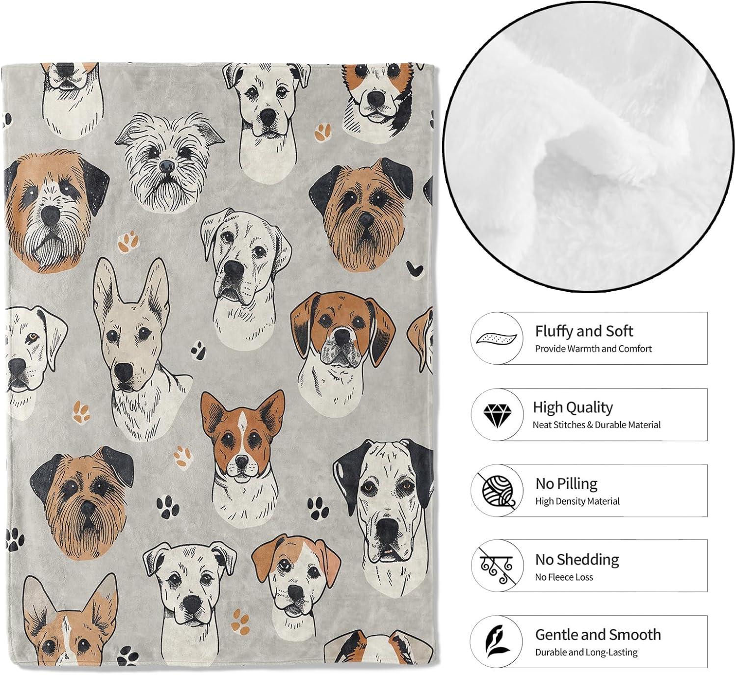 Cartoon Dog Grey Throw Blanket 50x60in, Soft Lightweight Flannel, Playful Dog Face Paw Print Expression Blankets - Gifts for Adult, for Couch Office Travel Home Living Room Party Decor - Image 2