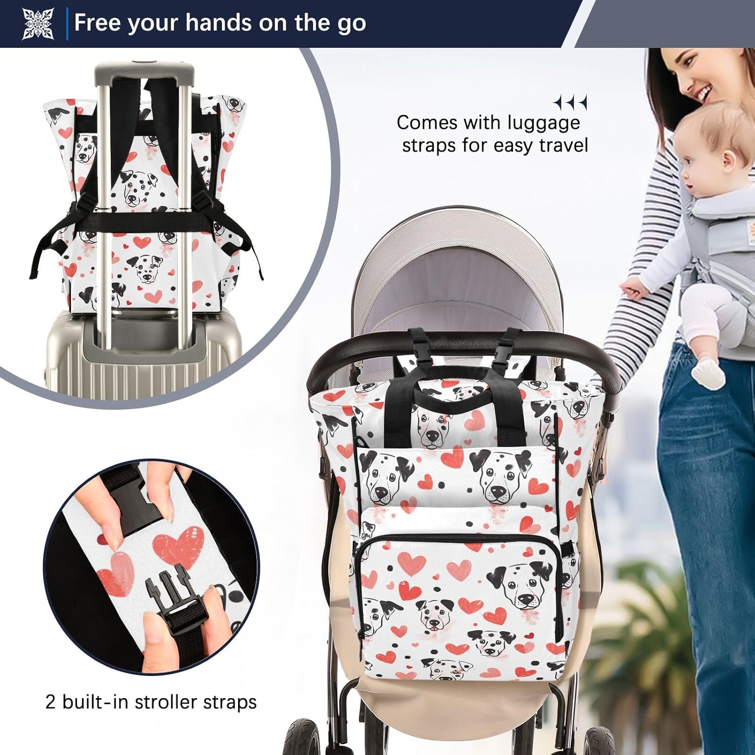 Diaper Bag Backpack Tote Multifunction Baby Nappy Changing Bags Dog Dalmatian Large with Stroller Straps Travel - Image 4