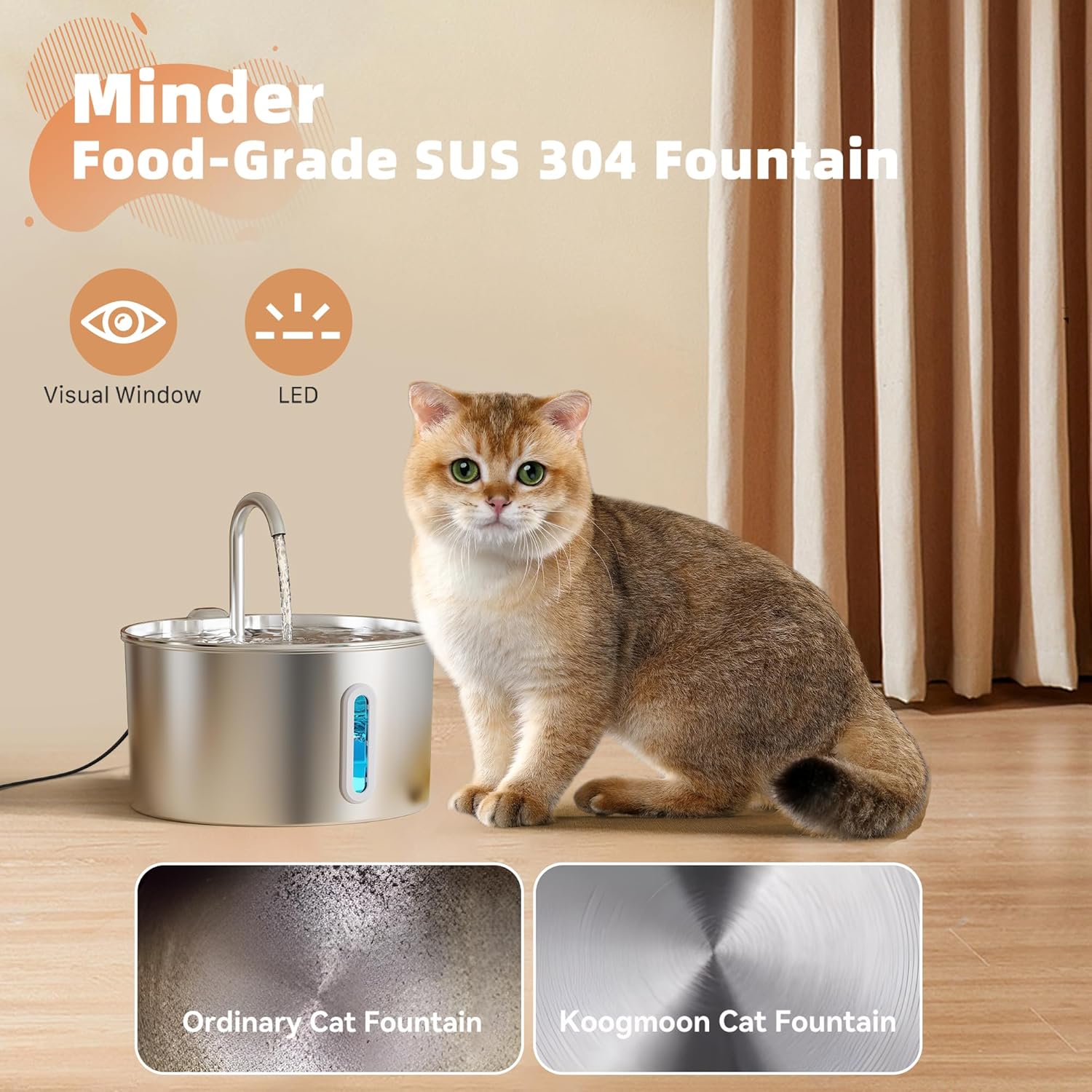 Cat Water Fountain Stainless Steel: 74oz/2.2L Cat Fountain for Drinking - Pet Water Fountain for Cats Inside - Automatic Dog Water Dispenser Bowl Feeding & Watering Supplies 6 Filters 3 Sponges - Image 3