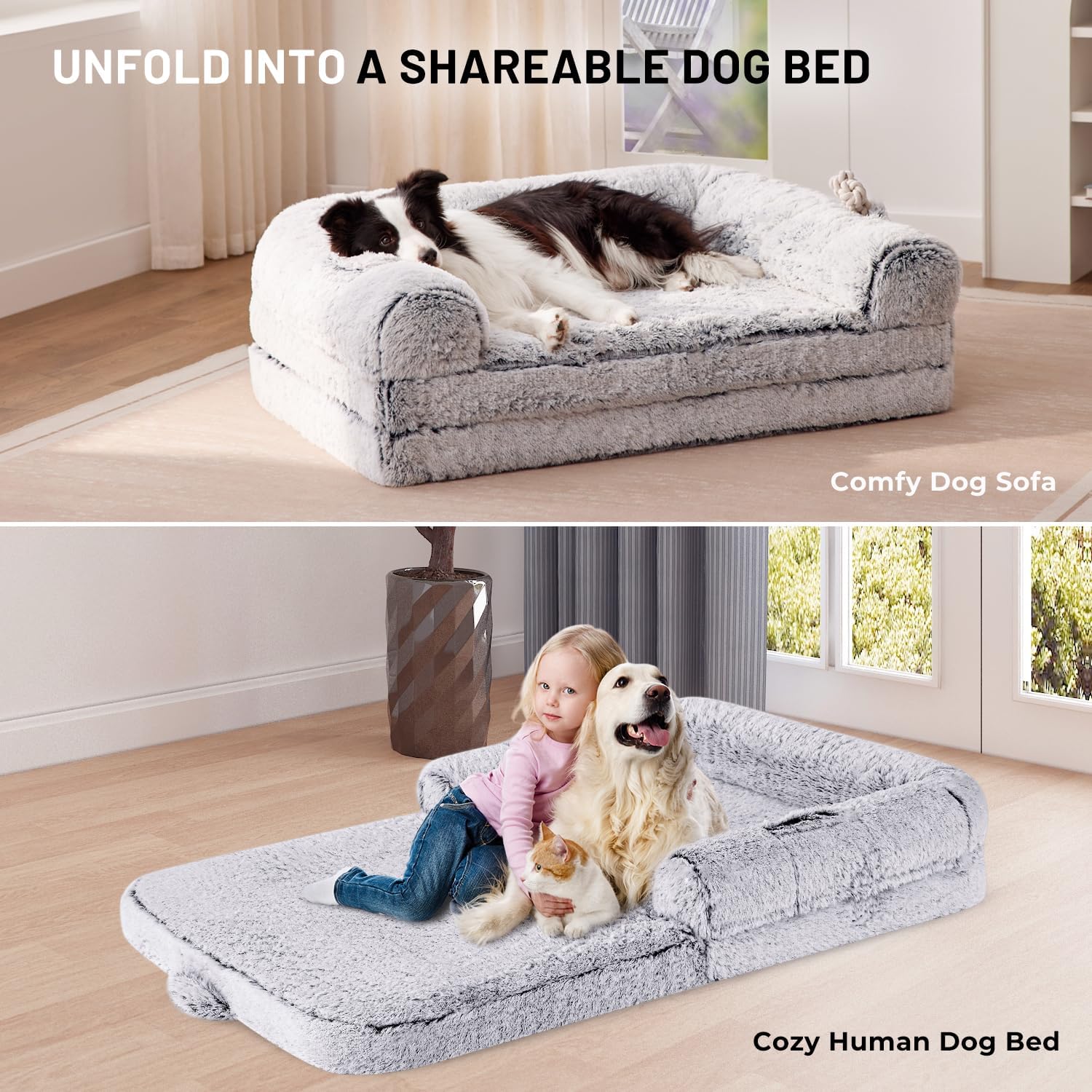 Human Dog Bed for Adult, 2 in 1 Foldable Giant Dog Bed for People Fits Pet Families, Egg Foam Supportive Mat, Waterproof Liner, Faux Fur Human Size Pet Bed with Blanket, 71"x43"x10", Grey - Image 7