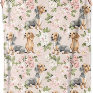 Dachshund and Floral Throw Blanket,50x60in,Soft,Lightweight Flannel,Weiner Dog Lovers,Adorable Puppy Blankets - Gifts for Kids Boys Girls,for Couch Office Travel,Home Living Room Decor