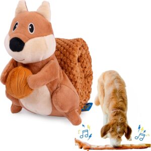 Crinkle Dog Toy Plush Toy - Long Tug-of-War Squeaky Dog Toy Boredom Buster Toys with Snack Pockets - Durable Enrichment Mentally Stimulating Toys for Dogs Small, Medium, Large - Squirrel