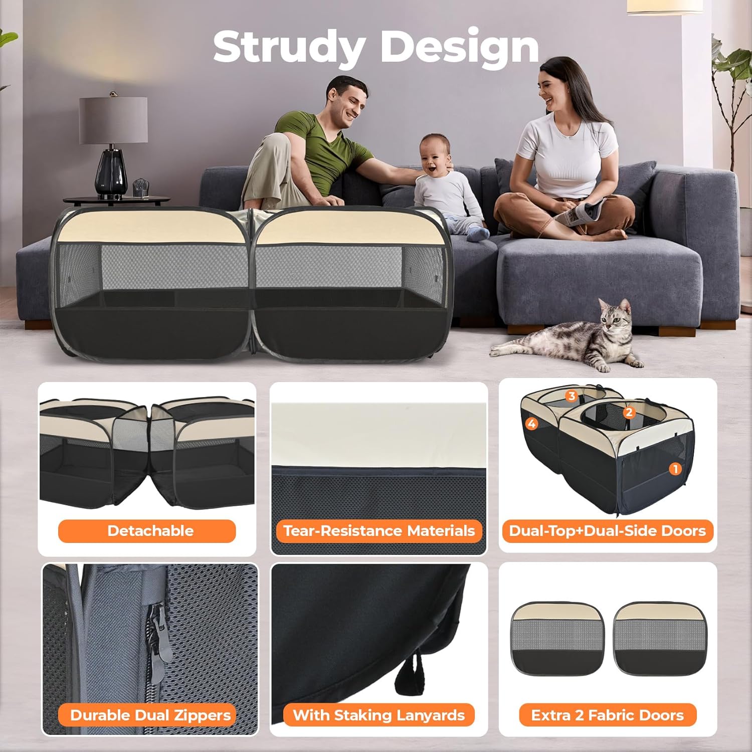 2-in-1 Pop Up Cat Playpen, Detachable into 2 Separate Pens with Additional Doors, Assembly-Free Portable Dog Crates Pet Pen Tent Kennel Kitten Puppy Enclosure Cage Indoor Outdoor Foldable Condo(S) - Image 6