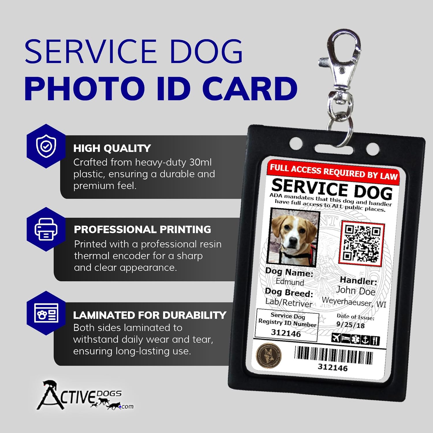 ActiveDogs Registered Service Dog Photo ID Card & Identification Holder - ADA & TSA Compliant Service Dog Badge with QR Code & Clip-On Carrier - Free Registration & Digital Copy - Image 2