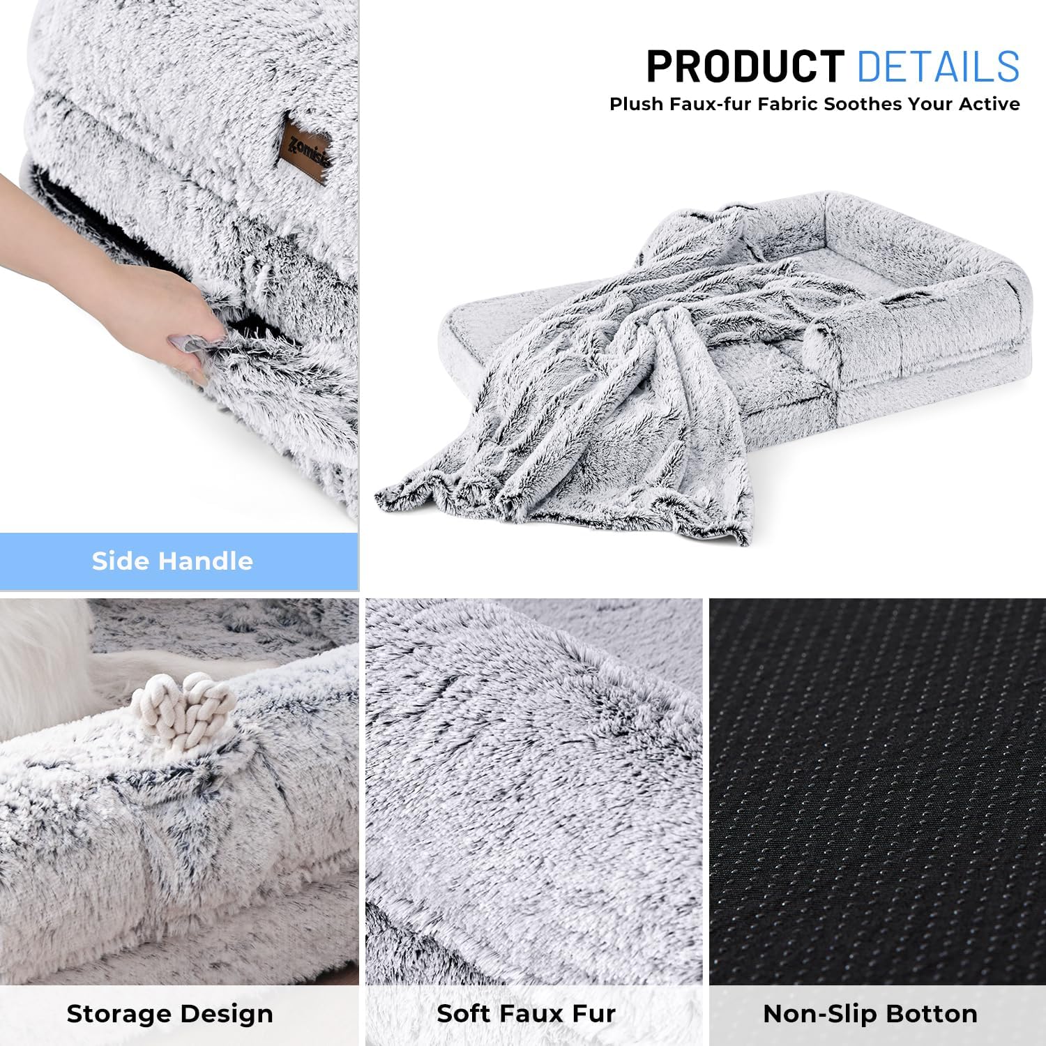 Human Dog Bed for Adult, 2 in 1 Foldable Giant Dog Bed for People Fits Pet Families, Egg Foam Supportive Mat, Waterproof Liner, Faux Fur Human Size Pet Bed with Blanket, 71"x43"x10", Grey - Image 4